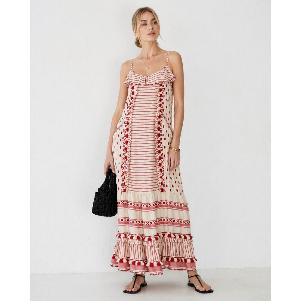 DODO BAR Tan & Red Stripe Polka Dot Ruffle Fringe Maxi Boho Resort Dress S - Picture 9 of 14